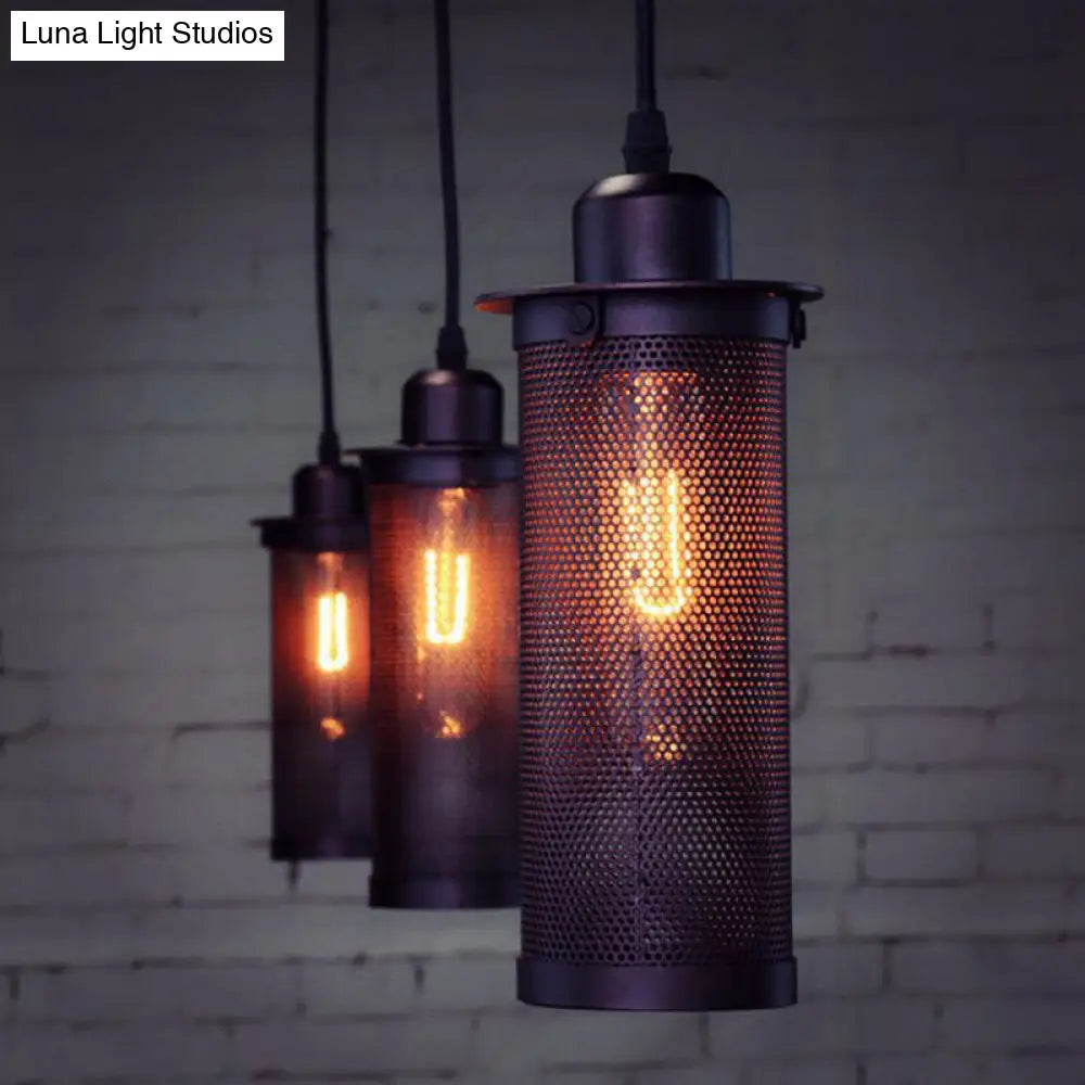 Industrial Metal Black Ceiling Hanging Lantern Pendant With Cylindrical Mesh Design - Perfect For