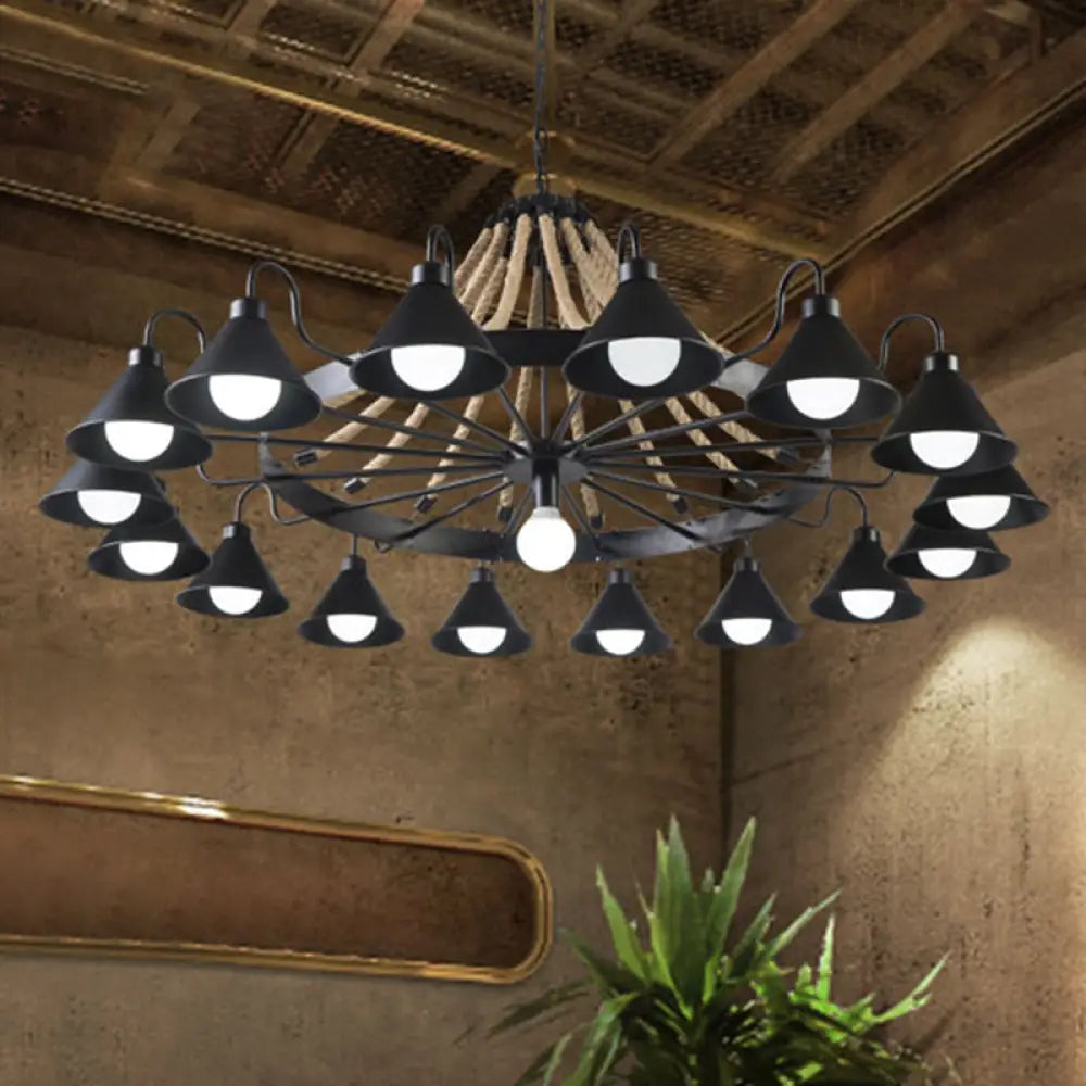 Industrial Metal Black Chandelier With Cone & Rope Design And Wagon Wheel Suspension 17 /