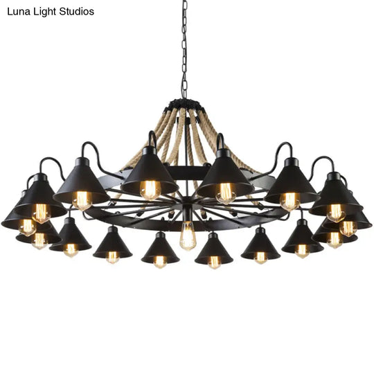 Industrial Metal Black Chandelier With Cone & Rope Design And Wagon Wheel Suspension