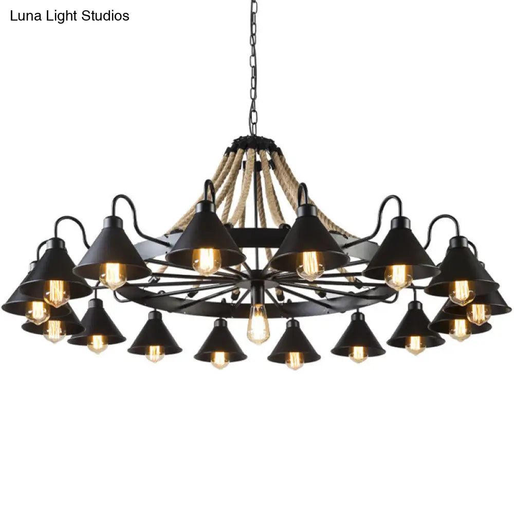 Industrial Black Metal Chandelier With Rope Suspension And Wagon Wheel Design