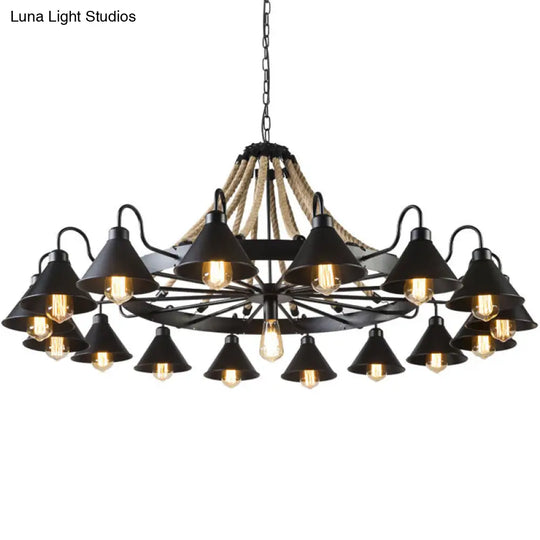 Industrial Black Metal Chandelier With Rope Suspension And Wagon Wheel Design