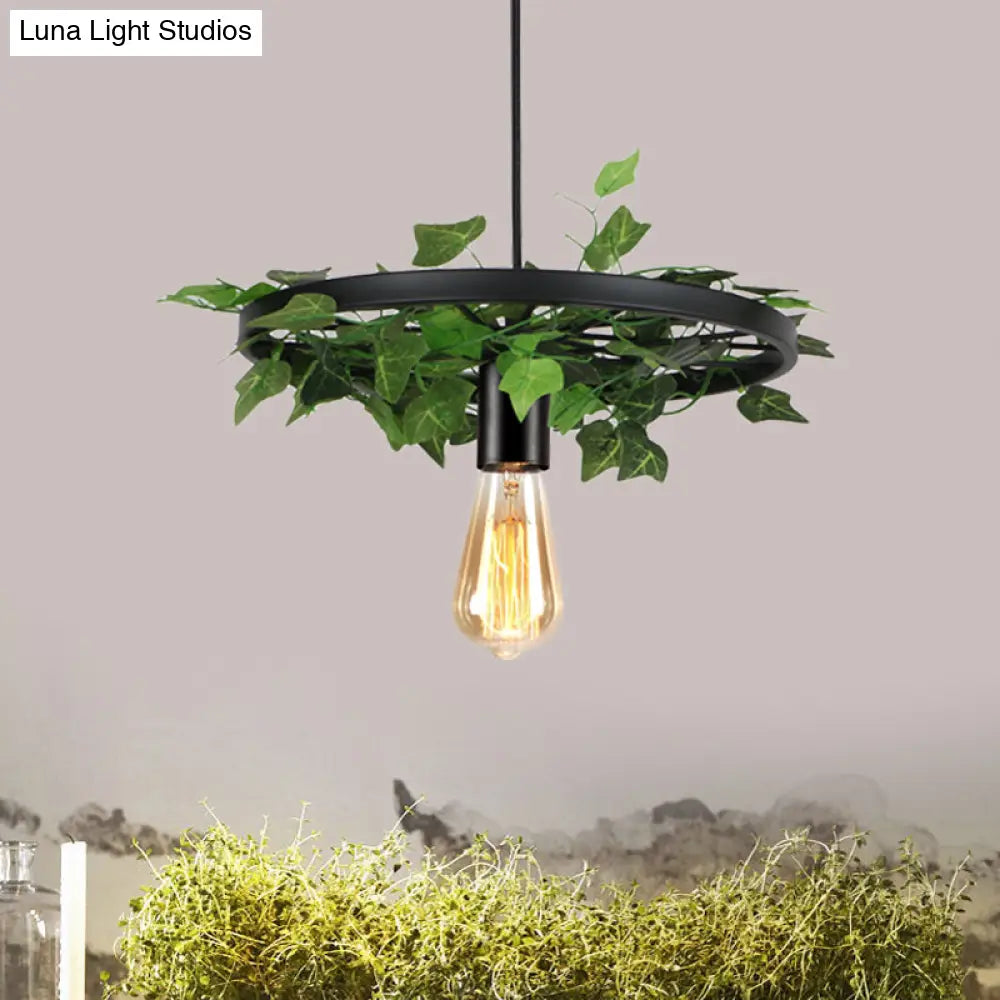 Industrial Metal Black Hanging Light With 1 Head Wheel Kit And Plant Deco - Ceiling Pendant