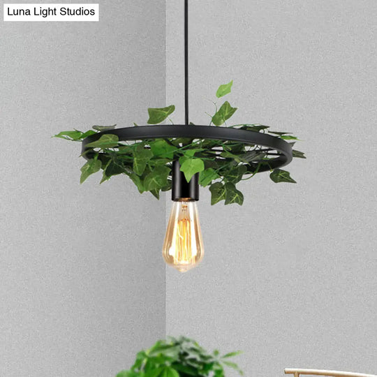 Industrial Metal Black Hanging Light With 1 Head Wheel Kit And Plant Deco - Ceiling Pendant