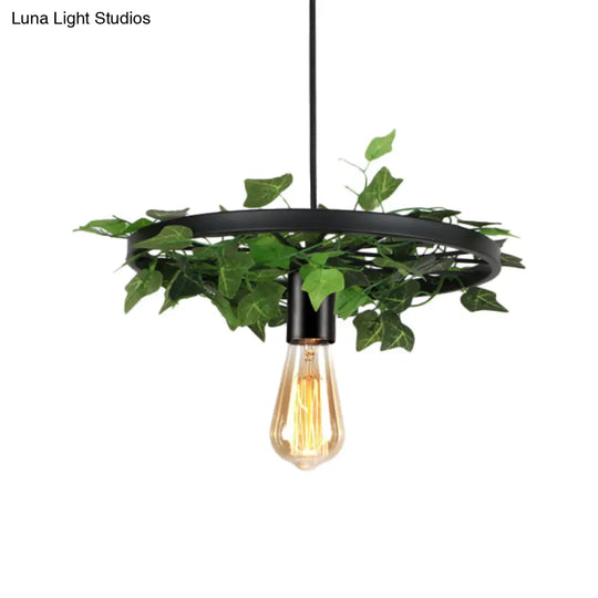 Industrial Metal Black Hanging Light With 1 Head Wheel Kit And Plant Deco - Ceiling Pendant