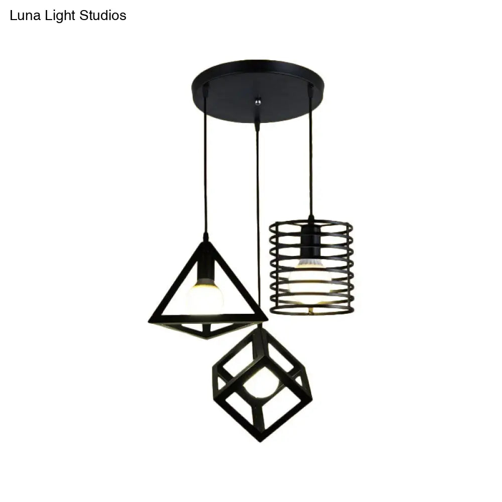 Industrial Metal Black Pendant Lamp With Wire Cage 3 Bulbs And Stylish Hanging Lighting For