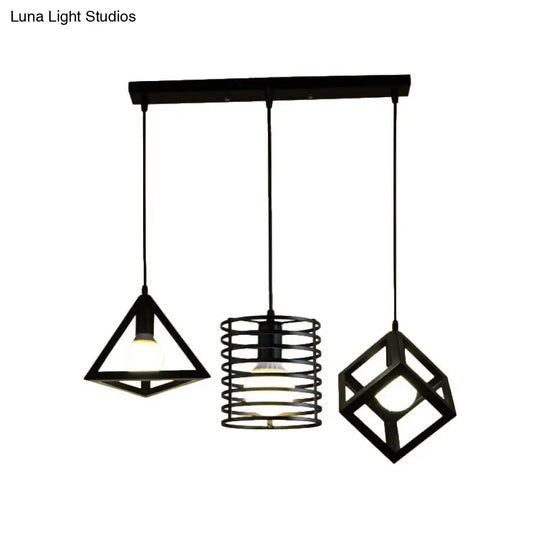 Metal Black Pendant Lamp With Wire Cage And 3 Bulbs - Industrial Stylish Hanging Lighting For