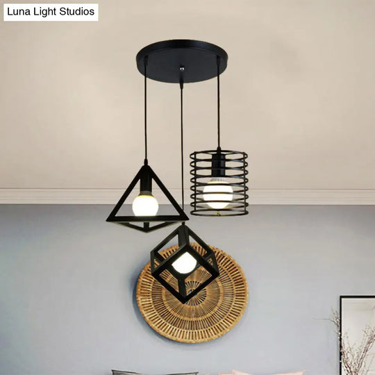 Metal Black Pendant Lamp With Wire Cage And 3 Bulbs - Industrial Stylish Hanging Lighting For