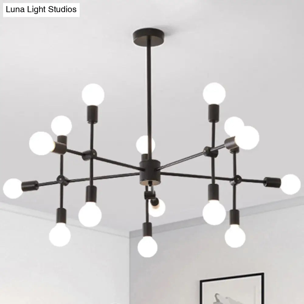 Industrial Metal Chandelier With Open Bulbs - 9/12 Lights In Black/Brass For Dining Room Pendant