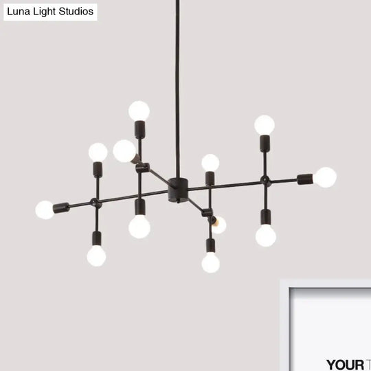 Industrial Metal Chandelier With Open Bulbs - 9/12 Lights In Black/Brass For Dining Room Pendant