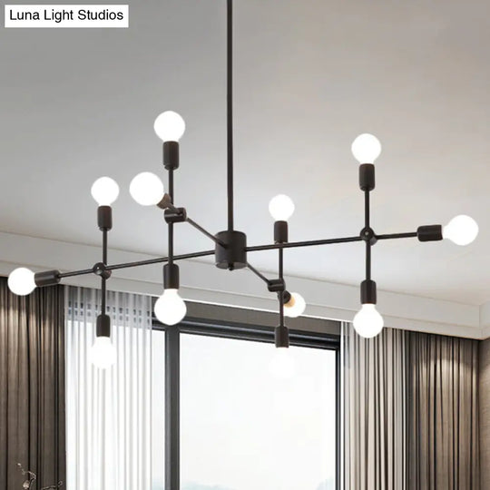 Industrial Metal Chandelier With Open Bulbs - 9/12 Lights In Black/Brass For Dining Room Pendant