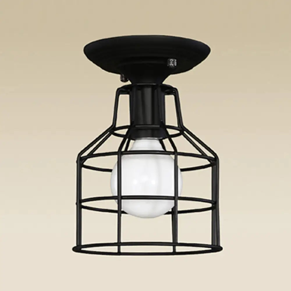 Industrial Metal Cage Flush Mount Ceiling Light In Black - Perfect For Living Rooms