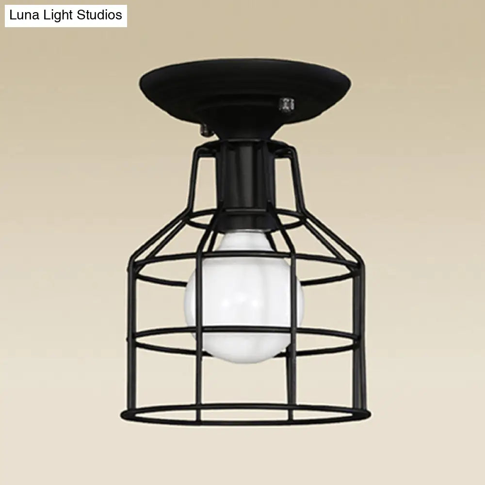 Industrial Metal Cage Flush Mount Ceiling Light In Black - Perfect For Living Rooms