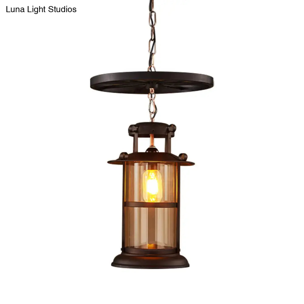 Industrial Cage Pendant Lamp With Wheel Decoration - Cylindrical Metal Black Finish