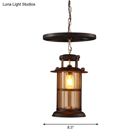 Industrial Cage Pendant Lamp With Wheel Decoration - Cylindrical Metal Black Finish