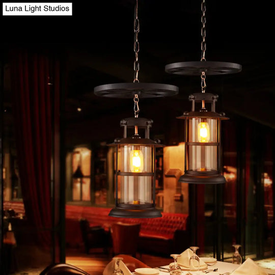 Industrial Cage Pendant Lamp With Wheel Decoration - Cylindrical Metal Black Finish