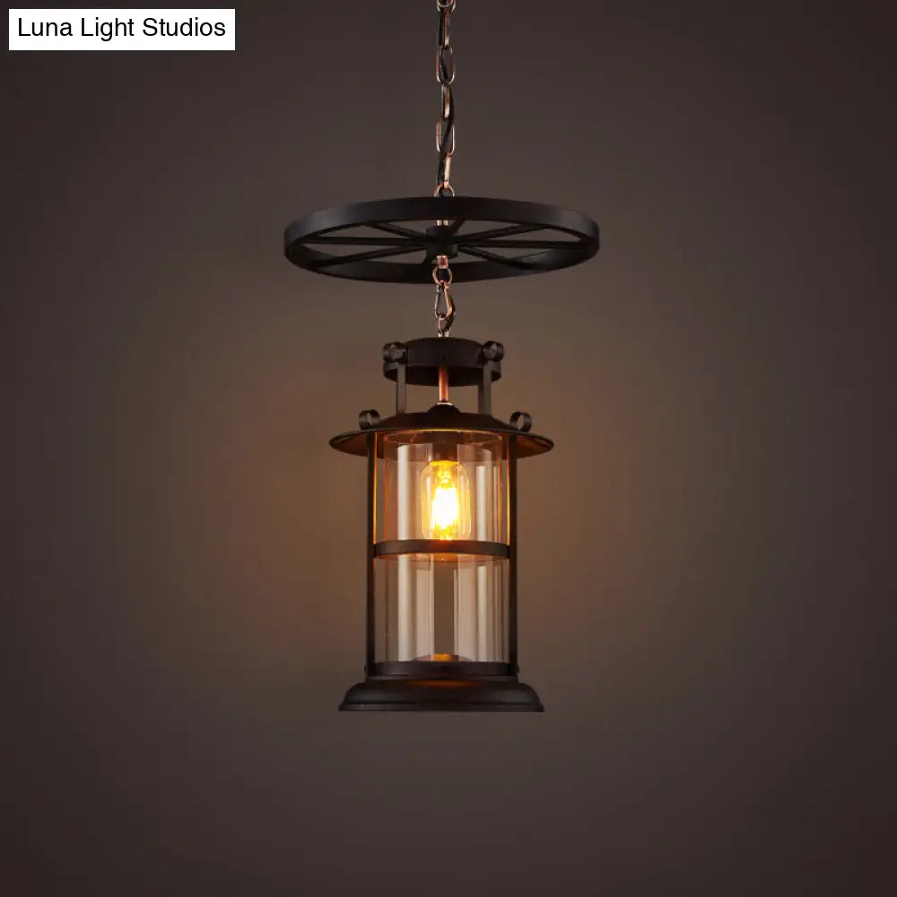 Industrial Cage Pendant Lamp With Wheel Decoration - Cylindrical Metal Black Finish