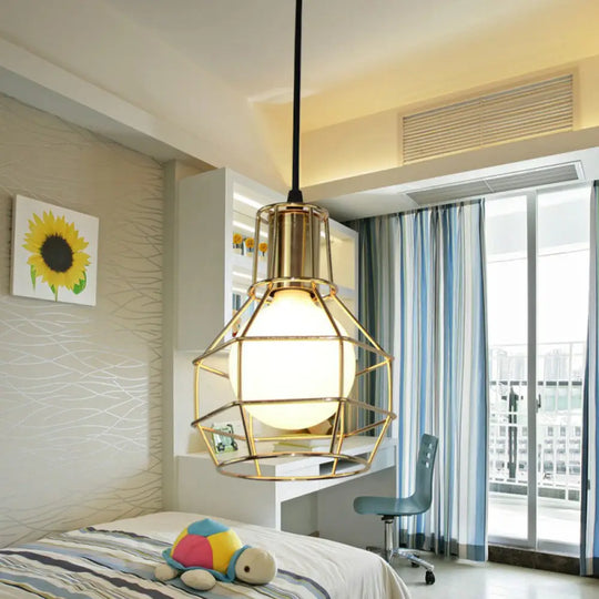 Industrial Metal Cage Pendant Light Fixture - Ball Shaped Bedroom Ceiling Hang Lamp 1 Bulb Gold