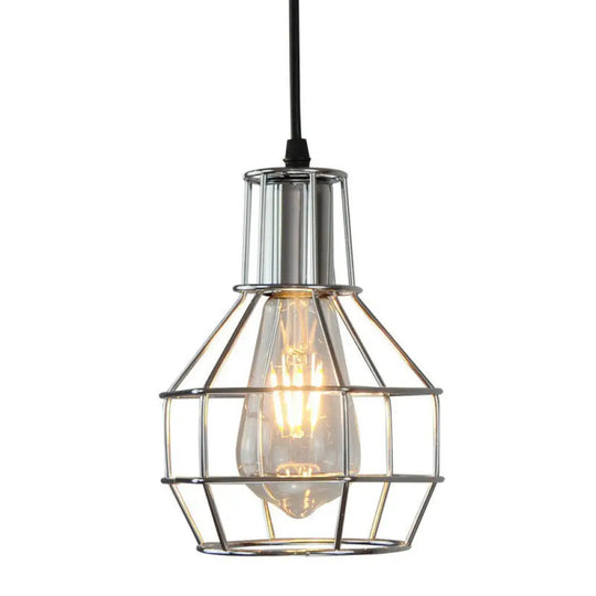 Industrial Metal Cage Pendant Light Fixture - Ball Shaped Bedroom Ceiling Hang Lamp 1 Bulb Silver