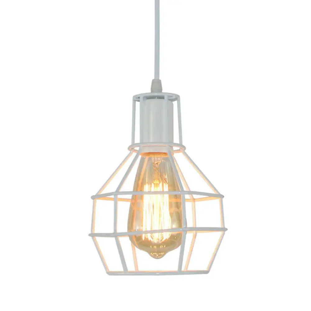 Industrial Metal Cage Pendant Light Fixture - Ball Shaped Bedroom Ceiling Hang Lamp 1 Bulb White