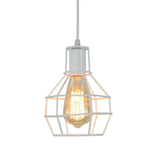 Industrial Metal Cage Pendant Light Fixture - Ball Shaped Bedroom Ceiling Hang Lamp 1 Bulb White