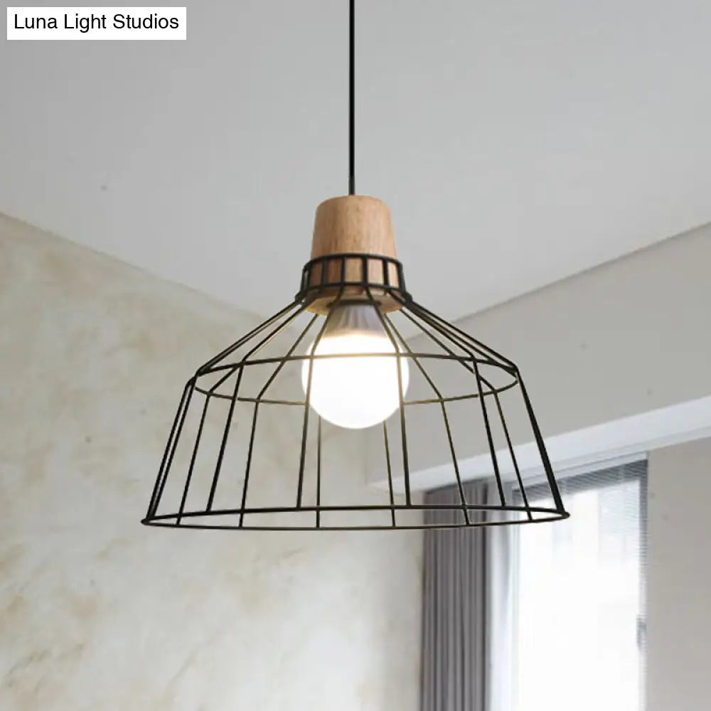 Industrial Metal Wire Cage Pendant Light With Bottle/Barn Shade Black / Barn