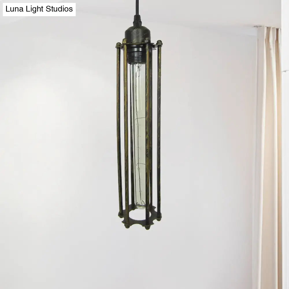 Industrial Metal Pendant Light With Cage Shade - Black/Bronze Cylinder Design For Bedroom Hanging