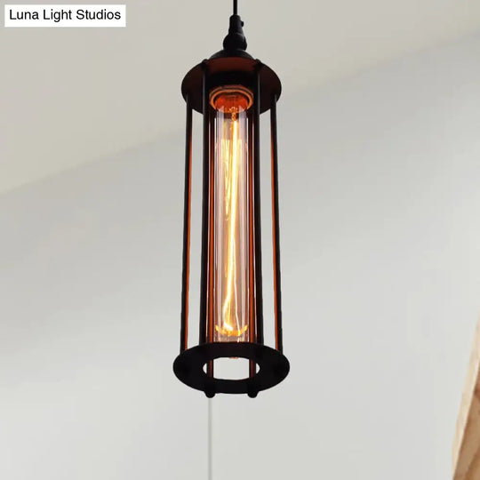 Industrial Metal Pendant Light With Cage Shade - Black/Bronze Cylinder Design For Bedroom Hanging