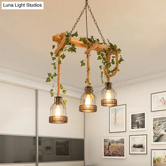 Industrial Metal Caged Island Pendant Light With Rope Hanging Lamp - Brown