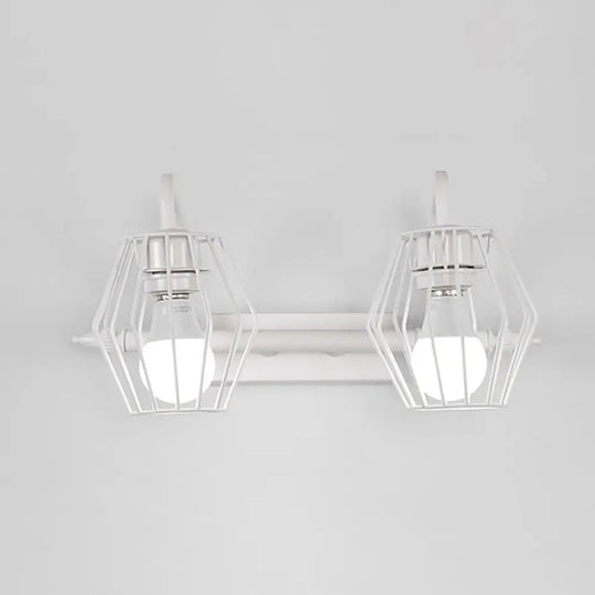 Industrial Metal Caged Wall Mount Sconce Light - 2/3 Lights For Living Room In Black/White 2 / White