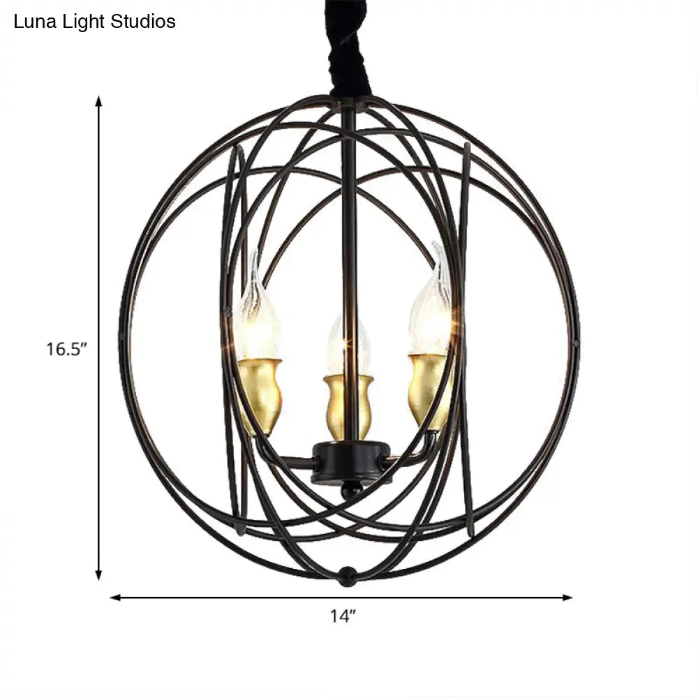 Industrial Metal Candle Pendant Lighting With Orb Cage - 14/19 Wide Black 3/6-Light Fixture For