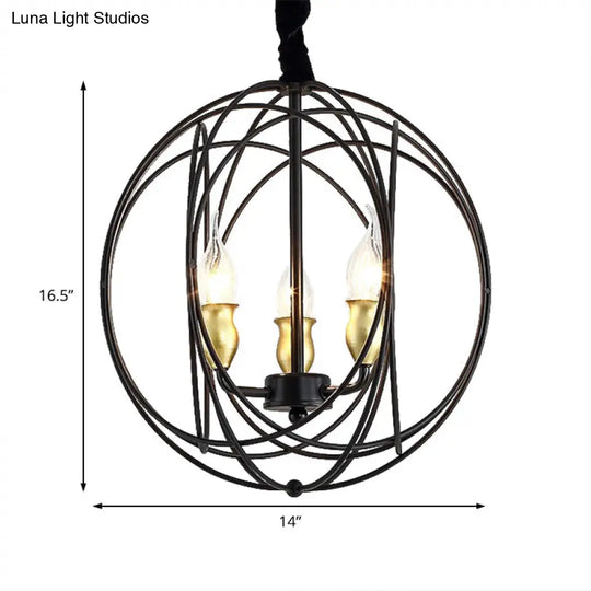 Industrial Metal Candle Pendant Lighting With Orb Cage - 14/19 Wide Black 3/6-Light Fixture For