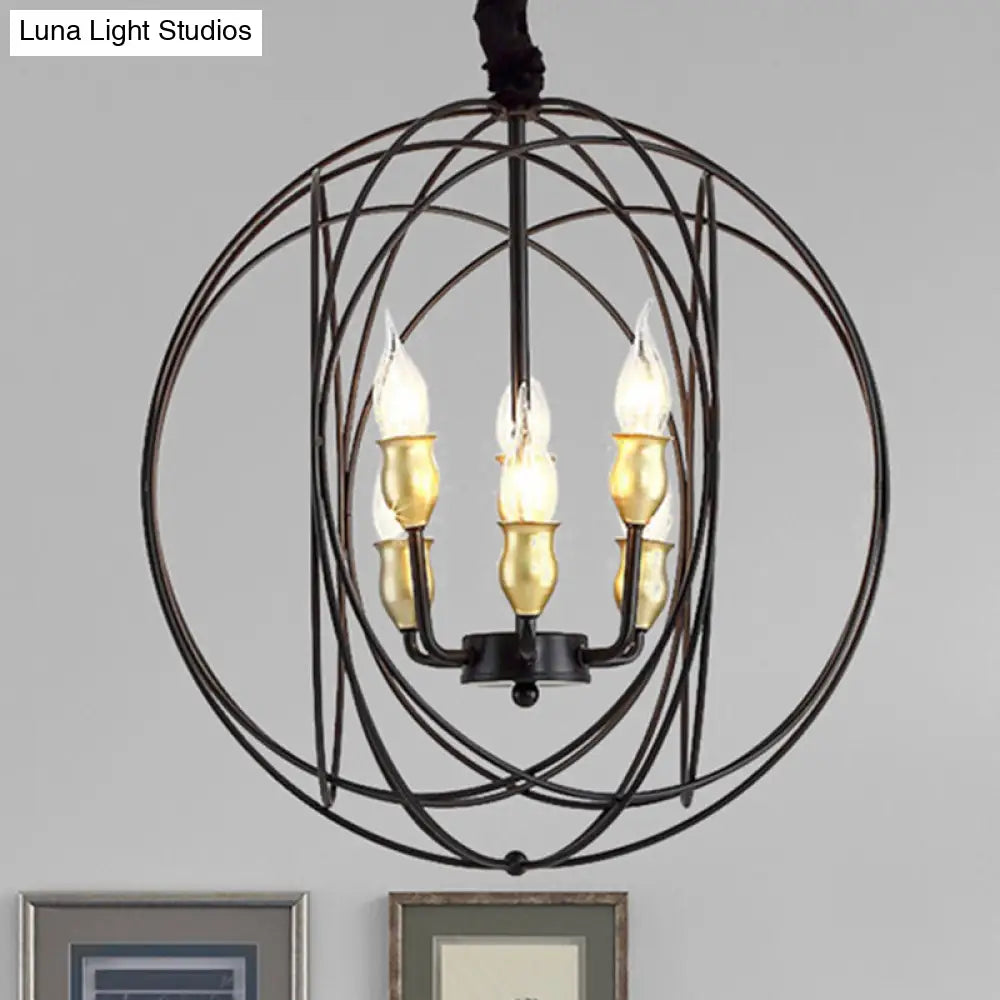 Industrial Metal Candle Pendant Lighting With Orb Cage - 14/19 Wide Black 3/6-Light Fixture For