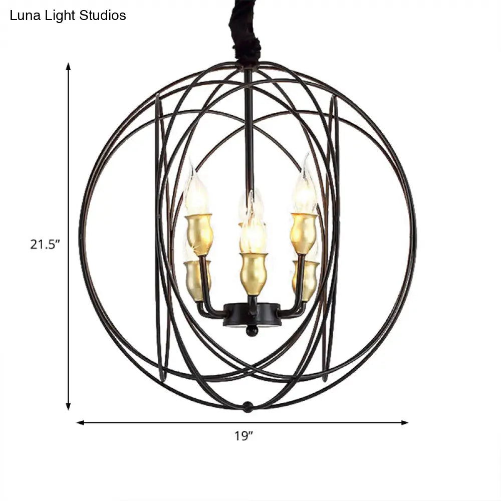 Industrial Metal Candle Pendant Lighting With Orb Cage - 14/19 Wide Black 3/6-Light Fixture For