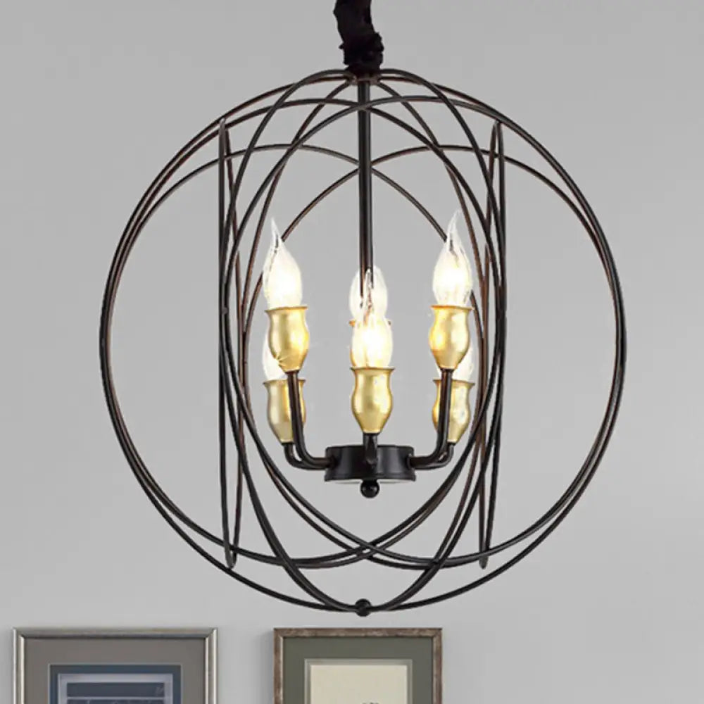 Industrial Metal Candle Light Fixture Black Pendant Lighting With Orb Cage - 14’/19’ Wide