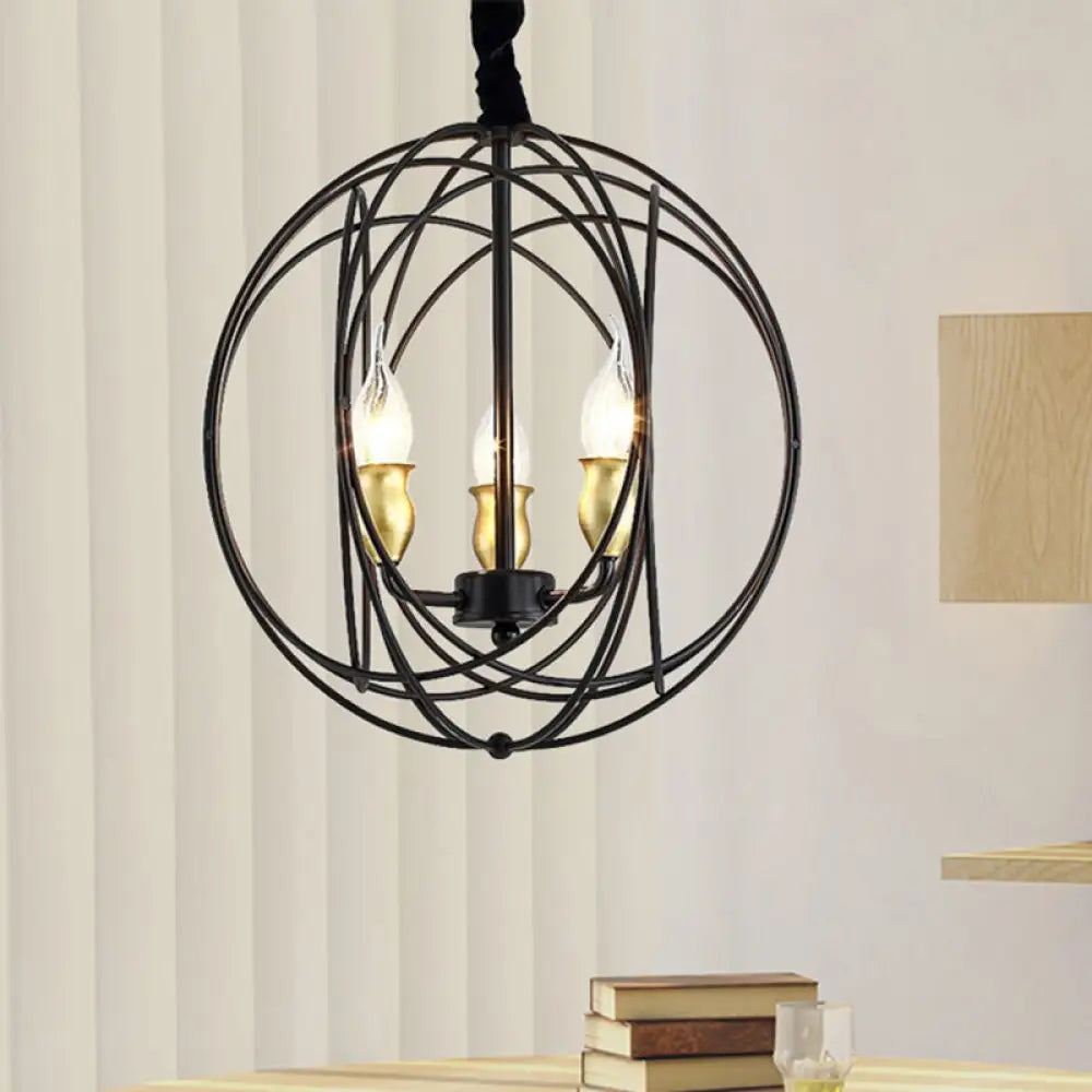 Industrial Metal Candle Light Fixture Black Pendant Lighting With Orb Cage - 14’/19’ Wide