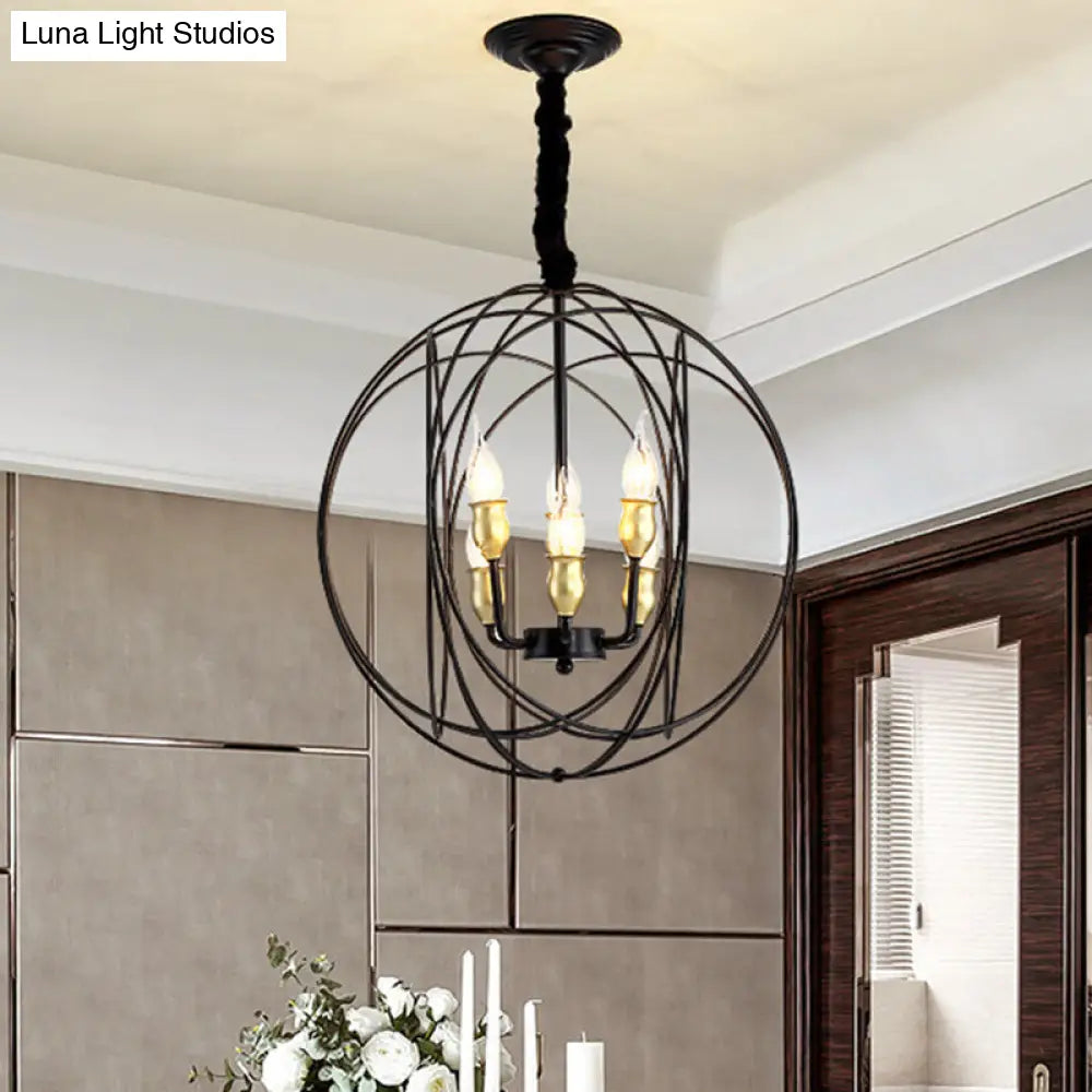 Industrial Metal Candle Pendant Lighting With Orb Cage - 14/19 Wide Black 3/6-Light Fixture For