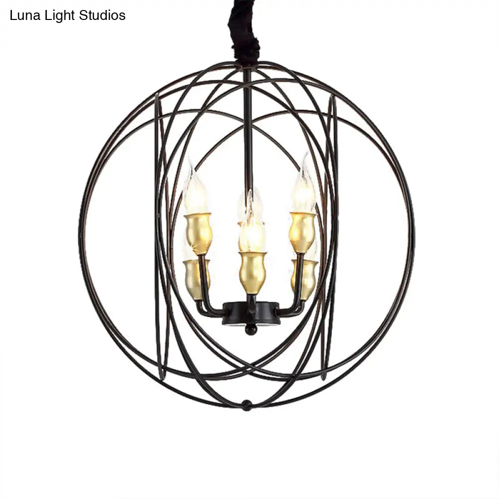 Industrial Metal Candle Pendant Lighting With Orb Cage - 14/19 Wide Black 3/6-Light Fixture For