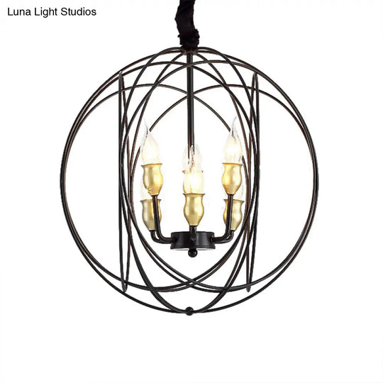 Industrial Metal Candle Pendant Lighting With Orb Cage - 14/19 Wide Black 3/6-Light Fixture For