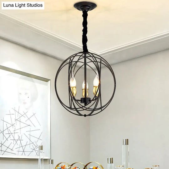 Industrial Metal Candle Pendant Lighting With Orb Cage - 14/19 Wide Black 3/6-Light Fixture For