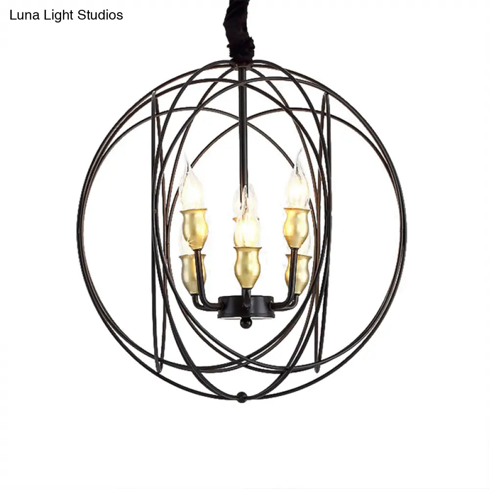 Industrial Metal Candle Light Fixture Black Pendant Lighting With Orb Cage - 14’/19’ Wide