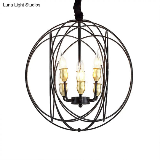 Industrial Metal Candle Light Fixture Black Pendant Lighting With Orb Cage - 14’/19’ Wide