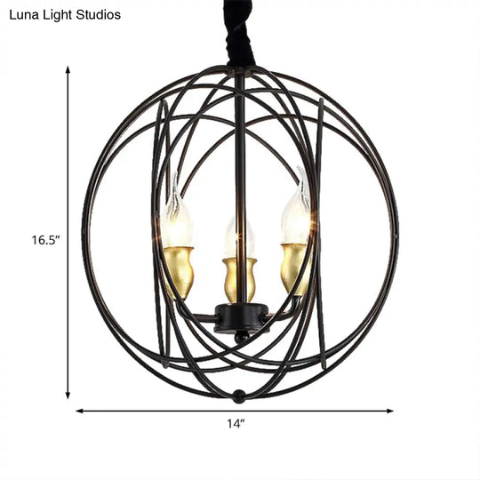 Industrial Metal Candle Light Fixture Black Pendant Lighting With Orb Cage - 14’/19’ Wide