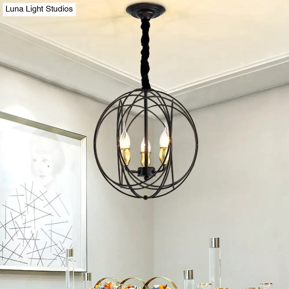 Industrial Metal Candle Light Fixture Black Pendant Lighting With Orb Cage - 14’/19’ Wide