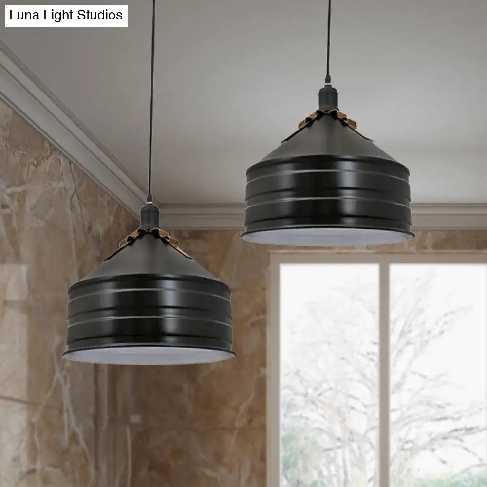 Industrial Metal Ceiling Hanging Lamp With Black Drum Shade – 1-Light Pendant For Bedroom