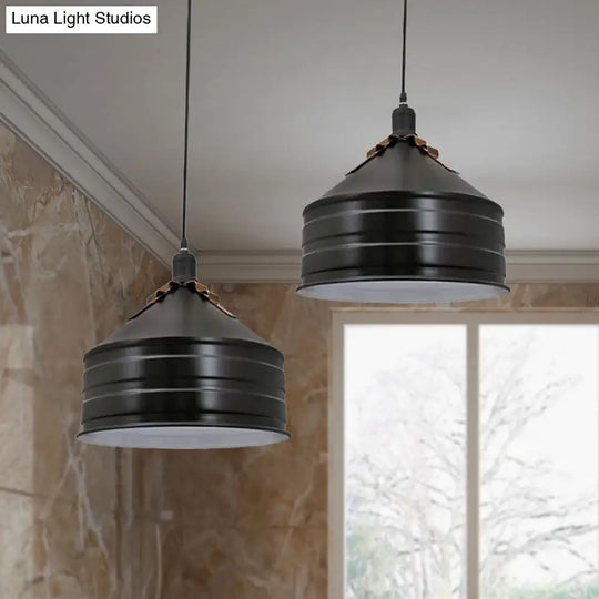 Industrial Metal Ceiling Hanging Lamp With Black Drum Shade - 1-Light Bedroom Pendant Light