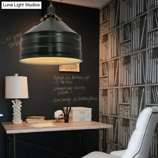 Industrial Metal Ceiling Hanging Lamp With Black Drum Shade - 1-Light Bedroom Pendant Light