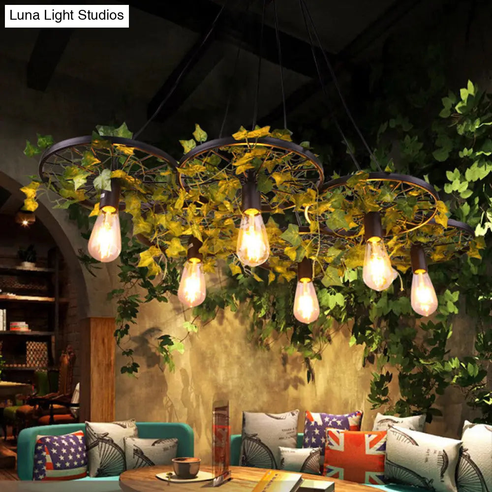 Industrial Metal Ceiling Lamp With Green Wagon Design And Plant Decoration - 3/6 Heads For