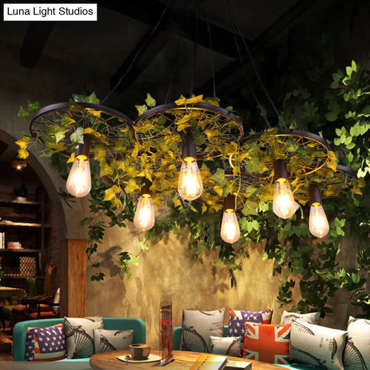 Industrial Metal Ceiling Lamp With Green Wagon Design And Plant Decoration - 3/6 Heads For