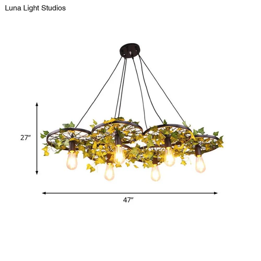 Industrial Metal Ceiling Lamp With Green Wagon Design And Plant Decoration - 3/6 Heads For