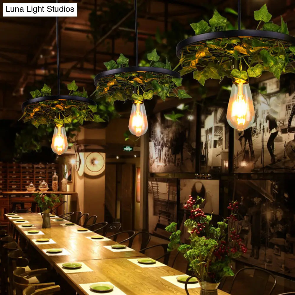 Industrial Metal Ceiling Lamp With Green Wagon Design And Plant Decoration - 3/6 Heads For